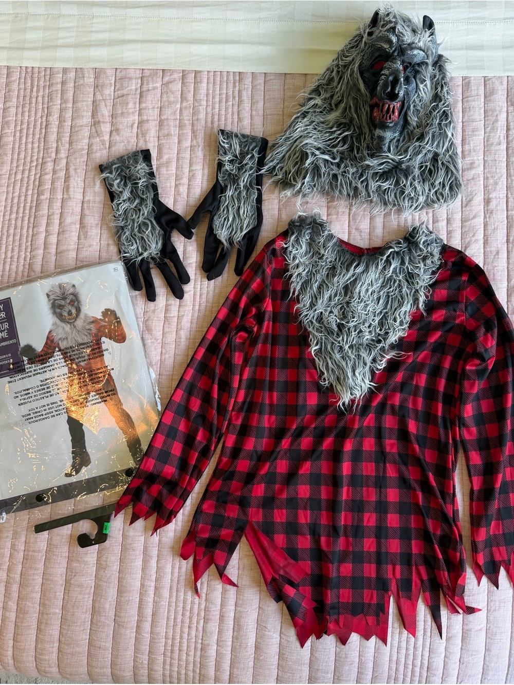 Kids Red & Black Plaid Werewolf Costume with Grey Fur - Size: 8-10
